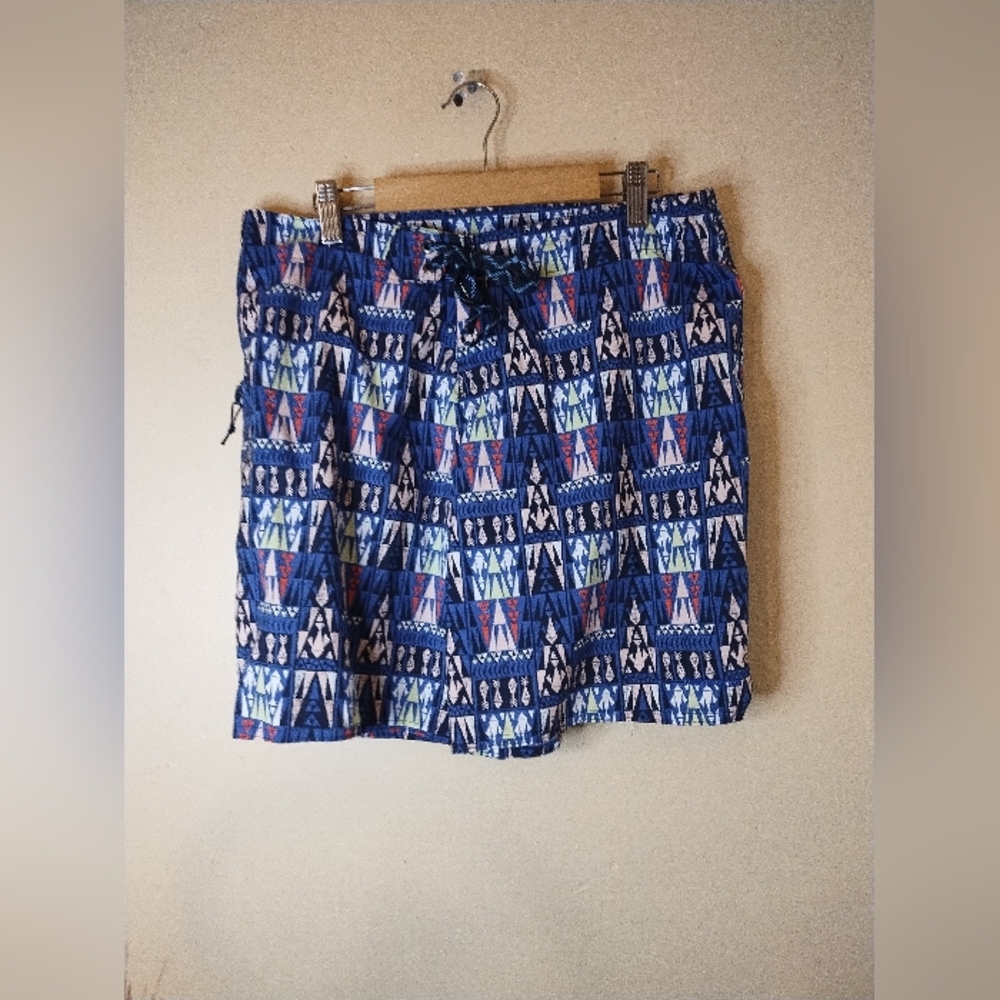 Patagonia Mens Tribal Print Blue Patterned Swim Trunks With Back Zip Pocket Sz 6